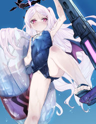 Rule 34 | 1girl, absurdres, blue archive, covered erect nipples, demon wings, erect clitoris, gun, hair ornament, halo, highres, hina (blue archive), holding, holding weapon, innertube, leg up, long hair, name tag, navel, niko (tama), one-piece swimsuit, pink hair, purple eyes, pussy, pussy peek, sandals, see-through, solo, swim ring, swimsuit, toes, twintails, water, weapon, wings