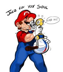 Rule 34 | 1boy, closed eyes, drinking, english text, f.l.u.d.d., facial hair, hat, jazz for your soul (meme), male focus, mario, mario (series), meme, modeseven, mustache, nintendo, sexually suggestive, speech bubble, suggestive fluid, super mario sunshine, wet, you&#039;re doing it wrong