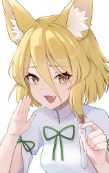 Rule 34 | 1girl, animal ear fluff, animal ears, blonde hair, breasts, commentary request, corked bottle, fang, fingernails, fox ears, fox girl, fox tail, green ribbon, highres, holding, holding test tube, kudamaki tsukasa, looking at viewer, mandarin collar, medium hair, nail polish, open mouth, ribbon, romper, simple background, small breasts, solo, tail, test tube, tororokonbu (agumo555), touhou, white background, white romper, yellow eyes, yellow nails