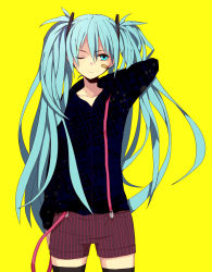 Rule 34 | 1girl, arm at side, arms up, bandage on face, bandages, bandaid, bandaid on cheek, bandaid on face, black jacket, black thighhighs, blue eyes, blue hair, commentary request, cowboy shot, expressionless, female focus, harusaki (176biz), hatsune miku, highres, jacket, long hair, long sleeves, looking at viewer, looking away, one eye closed, red shorts, serious, short hair, shorts, simple background, solo, suspender shorts, suspenders, thighhighs, thighs, twintails, upper body, very long hair, very short hair, vocaloid, yellow background