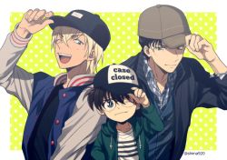 Rule 34 | 3boys, ;d, adjusting clothes, adjusting headwear, akai shuuichi, amuro tooru, arm up, baseball cap, black hair, black headwear, black jacket, blonde hair, blue eyes, border, brown hair, brown headwear, casual, child, closed mouth, clothes writing, commentary request, copyright name, dark-skinned male, dark skin, drawstring, edogawa conan, english text, glasses, green eyes, green hoodie, hair between eyes, hat, hood, hood down, hoodie, jacket, looking at another, looking at viewer, male focus, mashima shima, meitantei conan, multiple boys, one eye closed, open clothes, open hoodie, open jacket, open mouth, outside border, plaid, plaid shirt, shirt, smile, star (symbol), starry background, striped clothes, striped shirt, teeth, twitter username, two-tone headwear, upper body, upper teeth only, white border, white shirt, yellow background