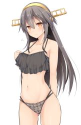 Rule 34 | 10s, 1girl, arm behind back, bare arms, bare legs, bare shoulders, black bra, black hair, black panties, bra, breasts, brown eyes, camisole, cleavage, closed mouth, collarbone, cowboy shot, flying sweatdrops, hair between eyes, hair ornament, hairclip, haruna (kancolle), headgear, kantai collection, large breasts, long hair, navel, panties, see-through, shiny skin, simple background, smile, solo, stomach, takeyuu, underwear, underwear only, white background