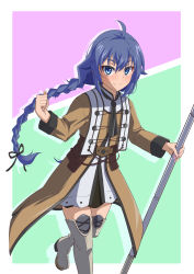 Rule 34 | 1girl, absurdres, ahoge, black ribbon, blue eyes, blue hair, blush, boots, braid, brown jacket, clenched hand, closed mouth, crossed bangs, dress, green background, hair between eyes, hair ribbon, hat, highres, holding, holding staff, honba misaki, jacket, long hair, long sleeves, looking at viewer, mage staff, mushoku tensei, nail polish, pink background, pink nails, ribbon, roxy migurdia, short dress, sidelocks, skirt, smile, solo, staff, thigh boots, thighhighs, twin braids, twintails, very long hair, walking, white background, white dress, white footwear