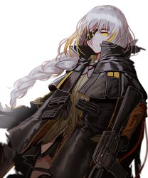Rule 34 | 1girl, assault rifle, black gloves, blonde hair, braid, cloak, closed mouth, commentary, corruption, expressionless, eyepatch, floating hair, girls&#039; frontline, gloves, gun, highres, holding, holding gun, holding weapon, jacket, long hair, looking at viewer, m16, m16a1, m16a1 (boss) (girls&#039; frontline), m16a1 (girls&#039; frontline), magazine (weapon), mole, mole under eye, multicolored hair, rifle, sangvis ferri, scar, shirt, sidelocks, silence girl, solo, spoilers, streaked hair, weapon, white background, white hair, wind, yellow eyes