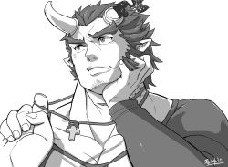 Rule 34 | 1boy, broken horn, collarbone, demon boy, demon horns, elbow rest, facial hair, fiery horns, greyscale, hijirino yuuta, horns, jewelry, long sideburns, looking to the side, male focus, monochrome, muscular, muscular male, necklace, pectorals, scar, scar on neck, short hair, sideburns, solo, stubble, takemaru (housamo), thick eyebrows, tokyo houkago summoners, upper body
