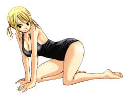 Rule 34 | 1girl, all fours, barefoot, blonde hair, breasts, brown hair, cleavage, fairy tail, full body, large breasts, long hair, looking at viewer, lucy heartfilia, mashima hiro, official art, one-piece swimsuit, scan, simple background, smile, solo, swimsuit, tattoo, twintails, white background