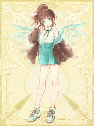 Rule 34 | 1girl, aqua eyes, brown hair, brown jacket, brown ribbon, chain paradox, energy wings, frills, full body, hand up, high ponytail, highres, jacket, jacket partially removed, long sleeves, looking at viewer, medium hair, mitoma mao, natsu nts, playing with own hair, ribbon, shirt, shoes, smile, sneakers, standing, white footwear, white shirt, wings, yellow background