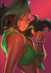 Rule 34 | 1girl, asymmetrical hair, bengus, black hair, brazil, breasts, capcom, clenched hand, cornrows, dark-skinned female, dark skin, electricity, fighting stance, fingernails, forehead, front-tie top, furrowed brow, laura matsuda, long hair, looking at viewer, medium breasts, official art, pink background, red eyes, second-party source, solo, street fighter, street fighter v, very dark skin
