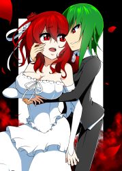 Rule 34 | 2girls, bad id, bad pixiv id, bare shoulders, breasts, cleavage, detached sleeves, dress, elbow gloves, eye contact, female focus, formal, from behind, gloves, green hair, hair ornament, hand on another&#039;s face, hug, hug from behind, imminent kiss, kazami yuuka, large breasts, looking at another, mattari yufi, multiple girls, naughty face, onozuka komachi, open mouth, red eyes, red hair, ribbon, shirt, short hair, shy, smile, suit, touhou, wedding dress, wife and wife, yuri