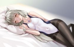 Rule 34 | 1girl, animal ear fluff, animal ears, arm behind back, black pantyhose, breasts, cat ears, chest jewel, covered navel, gluteal fold, grey hair, gusset, highres, light blush, long hair, looking at viewer, lying, matrix16, mio (xenoblade), official alternate hairstyle, on side, one-piece swimsuit, pantyhose, pantyhose under swimsuit, solo, spoilers, swimsuit, thigh gap, thighband pantyhose, thighs, white one-piece swimsuit, xenoblade chronicles (series), xenoblade chronicles 3, yellow eyes