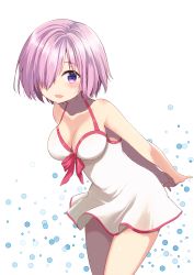 Rule 34 | 1girl, :d, arms behind back, bare shoulders, blush, breasts, cleavage, collarbone, dress, fate (series), hair over one eye, highres, leaning forward, light purple hair, looking at viewer, mash kyrielight, mash kyrielight (swimsuit of perpetual summer), medium breasts, official alternate costume, one-piece swimsuit, open mouth, purple eyes, short hair, smile, solo, standing, swimsuit, thighs, white dress, white one-piece swimsuit, yoshikita popuri