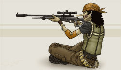 Rule 34 | 1boy, :q, aiming, ammunition belt, ammunition, bandana, bangle, belt, black hair, boots, bracelet, bracer, curly hair, earrings, elbow pads, gun, indian style, jewelry, lips, long nose, male focus, marksman, military, one piece, one piece: strong world, rifle, scope, sitting, sniper rifle, solo, syb, tongue, tongue out, usopp, vest, weapon, wristband