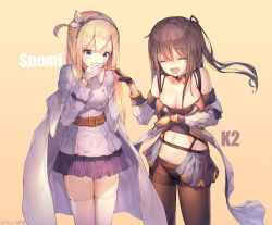 Rule 34 | 2girls, :d, ^ ^, bare shoulders, beige background, black gloves, blonde hair, blue eyes, blue hairband, blue jacket, blue skirt, breasts, brown hair, brown legwear, cape, character name, cleavage, closed eyes, closed mouth, commentary request, dduck kong, facing viewer, girls&#039; frontline, gloves, hair between eyes, hairband, highres, jacket, k2 (girls&#039; frontline), long hair, medium breasts, multiple girls, navel, off shoulder, one side up, open mouth, panties, panties under pantyhose, pantyhose, pleated skirt, showgirl skirt, signature, skirt, smile, striped clothes, striped skirt, suomi (girls&#039; frontline), tears, thighband pantyhose, thighhighs, underwear, vertical-striped clothes, vertical-striped skirt, very long hair, white cape, white gloves, white jacket, white legwear