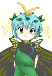 Rule 34 | 1girl, antennae, arms behind back, blue hair, butterfly wings, closed mouth, dress, eternity larva, fairy, flying sweatdrops, hair between eyes, hair ornament, insect wings, leaf hair ornament, light blue hair, looking at viewer, nonamejd, official style, pink eyes, short hair, smile, solo, touhou, wings, zun (style)