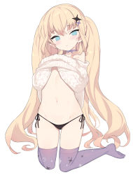 Rule 34 | 1girl, black panties, blade (galaxist), blonde hair, blue eyes, blush, choker, closed mouth, clothes lift, collarbone, copyright request, hair between eyes, hair ornament, hands up, highres, kneeling, knees together feet apart, lifted by self, long hair, looking at viewer, navel, no shoes, off-shoulder sweater, off shoulder, panties, pointy ears, purple choker, purple thighhighs, side-tie panties, simple background, smile, solo, sweater, sweater lift, thighhighs, two side up, underwear, very long hair, white background, white sweater