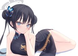 Rule 34 | 1girl, bare arms, bare shoulders, black dress, black hair, blue archive, blue eyes, butterfly hair ornament, china dress, chinese clothes, double bun, dragon print, dress, expressionless, hair bun, hair ornament, halo, highres, kisaki (blue archive), long hair, looking at viewer, lying, no panties, on side, pelvic curtain, print dress, rangtori, simple background, sleeveless, sleeveless dress, solo, thighs, twintails, white background