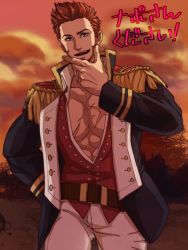 Rule 34 | 1boy, abs, beard, belt, blue eyes, brown hair, commentary request, epaulettes, facial hair, fate/grand order, fate (series), hand on own hip, hand on own face, jacket, kurokiookami, long sideburns, long sleeves, looking at viewer, pectoral cleavage, male focus, military, military uniform, muscular, napoleon bonaparte (fate), open clothes, open jacket, open mouth, pants, pectorals, scar, sideburns, smile, solo, uniform