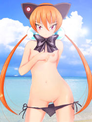 Rule 34 | 1girl, absurdres, alisa southerncross, animal ears, beach, bikini, bikini bottom only, bikini pull, bow, breasts, cat ears, cat girl, censored, cleft of venus, clothes pull, cloud, covering privates, covering breasts, covering nipples, female focus, hair bobbles, hair ornament, highres, itaru chokusha, keroro gunsou, long hair, looking at viewer, navel, nebula (keroro), nude, ocean, orange hair, purple eyes, pussy, ribbon, sky, small breasts, solo, swimsuit, thighs, twintails, water