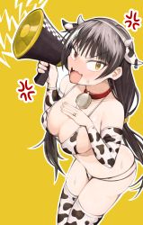 Rule 34 | 1girl, alternate costume, animal costume, animal print, bell, bikini, black hair, blush, breasts, cleavage, collar, collarbone, cow costume, cow girl, cow print, cowbell, feet out of frame, fingernails, girls&#039; frontline, hand on own chest, heterochromia, highres, holding, holding megaphone, jewelry, kuzumotsu, large breasts, long hair, looking at viewer, megaphone, neck bell, open mouth, red collar, red eyes, ring, ro635 (girls&#039; frontline), solo, standing, sweat, sweatdrop, swimsuit, thighhighs, yellow background, yellow eyes