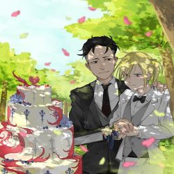 Rule 34 | 10s, 2boys, black bow, black bowtie, black hair, black necktie, blonde hair, blueberry, blurry, bow, bowtie, brown eyes, cake, collared shirt, concentrating, cutting, dappled sunlight, depth of field, food, formal, fruit, green eyes, hand on another&#039;s shoulder, holding hands, husband and husband, knife, male focus, multiple boys, necktie, otabek altin, outdoors, petals, ponytail, shirt, smile, suit, sunlight, tree, waistcoat, wavy mouth, wedding, wedding cake, yaoi, you (gay322k), yuri!!! on ice, yuri plisetsky