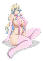 Rule 34 | 1girl, absurdres, ahoge, bill6315, blue eyes, blush, breasts, cleavage, curvy, earrings, elbow gloves, finger to mouth, gloves, highres, huge breasts, jewelry, long hair, looking at viewer, navel, nia teppelin, pink gloves, sitting, solo, stomach, symbol-shaped pupils, tengen toppa gurren lagann, thighhighs, thighs, unusual pupils, white background