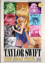 Rule 34 | 1980s (style), 1989 (taylor swift), 1girl, album name, animification, artist name, ass, blonde hair, blush, breasts, bug, butterfly, character name, commentary, english commentary, english text, evermore (taylor swift), fearless (taylor swift), fishnet pantyhose, fishnets, folklore (taylor swift), guitar, hanavbara, hands on own face, hat, highres, holding, holding microphone, insect, instrument, leotard, long hair, looking at viewer, lover (taylor swift), medium breasts, microphone, multiple persona, oldschool, pantyhose, parted lips, purple leotard, real life, red (taylor swift), red lips, reputation (taylor swift), retro artstyle, smile, speak now, taylor swift, taylor swift (album), thigh strap