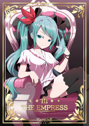 Rule 34 | 1girl, absurdres, aqua eyes, aqua hair, ayayayume, black bow, black ribbon, black skirt, black thighhighs, bow, character name, collarbone, commentary, crossed legs, feather hair ornament, feathers, feet out of frame, gold border, hair bow, hair ornament, hair ribbon, hand in own hair, hatsune miku, highres, long hair, miniskirt, project diva (series), red feathers, ribbon, shirt, short sleeves, sitting, skirt, smile, solo, supreme (module), tarot, tarot (medium), the empress (tarot), thighhighs, throne, twintails, twitter logo, twitter username, very long hair, vocaloid, white shirt, world is mine (vocaloid)
