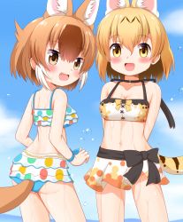 Rule 34 | 2girls, :d, animal ear fluff, animal ears, ass, bare arms, bare shoulders, bikini, black bow, blonde hair, blue bikini, blue sky, blush, bow, breasts, brown eyes, brown hair, cleavage, cloud, collarbone, commentary request, day, dhole (kemono friends), hair between eyes, highres, kemono friends, looking at viewer, looking back, medium breasts, multicolored hair, multiple girls, open mouth, outdoors, polka dot, polka dot bikini, serval (kemono friends), shin01571, sky, smile, standing, swimsuit, tail, two-tone hair, wet, white bikini, white hair, yellow eyes