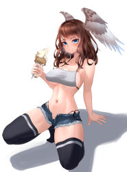 Rule 34 | 1girl, absurdres, arm support, black panties, black thighhighs, blue eyes, breasts, brown hair, closed mouth, collarbone, commentary, denim, denim shorts, eunie (xenoblade), fingernails, full body, head wings, highres, holding food, holding ice cream, ice cream, large breasts, legs folded, long hair, looking at viewer, m legs, micro shorts, navel, nithros, no shoes, open clothes, open shorts, panties, parted bangs, shadow, short shorts, shorts, simple background, smile, solo, split mouth, spread legs, squatting, string panties, thighhighs, thighs, underwear, v-shaped eyebrows, white background, wings, xenoblade chronicles (series), xenoblade chronicles 3