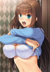 Rule 34 | 1girl, aozaki aoko, argyle, blue eyes, blush, bra, breasts, brown hair, clothes lift, cover, cover page, large breasts, lifted by self, long hair, mahou tsukai no yoru, nichiru, open mouth, shirt lift, solo, sweater, sweater lift, underwear, white background, white bra