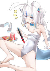 Rule 34 | 1girl, animal ears, bare legs, barefoot, blue bow, blue bowtie, blue eyes, blue hair, blunt bangs, blush, bow, bowtie, coca-cola, detached collar, fake animal ears, fins, fish tail, food, food in mouth, gawr gura, highres, hololive, hololive english, knees apart feet together, leotard, long hair, looking at viewer, mitsuru (pixiv 34028718), mouth hold, multicolored hair, nintendo switch, notice lines, playboy bunny, pocky, rabbit ears, shark tail, shoes, unworn shoes, simple background, sitting, solo, strapless, strapless leotard, streaked hair, tail, two side up, virtual youtuber, white background, white hair, white leotard, wrist cuffs