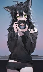 Rule 34 | 1girl, ahoge, animal ears, bare shoulders, black hair, black shirt, black shorts, blush, breasts, camera, cat ears, cat girl, cleavage, covered mouth, cowboy shot, dawn, day, eyelashes, flipped hair, gradient sky, green eyes, hair between eyes, highres, holding, holding camera, long hair, long sleeves, looking at viewer, messy hair, morning, muaooooo, off shoulder, original, product placement, railing, reflection, shirt, short shorts, shorts, sky, sleeves past wrists, slit pupils, solo, uneven eyes