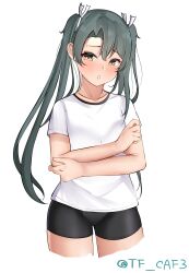 Rule 34 | 1girl, absurdres, alternate costume, bike shorts, black shorts, brown eyes, contrapposto, cropped legs, crossed arms, grey hair, gym shirt, gym shorts, highres, kantai collection, long hair, one-hour drawing challenge, shirt, shorts, simple background, solo, t-shirt, tf cafe, twintails, twitter username, white background, white shirt, zuikaku (kancolle)