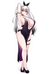 Rule 34 | 1girl, 5danny1206, arm strap, arm under breasts, arm up, bare shoulders, black dress, black footwear, black hairband, blush, breasts, closed mouth, dress, full body, grey hair, hair ornament, hairband, highres, huge breasts, long hair, looking at viewer, original, red eyes, sideboob, simple background, smile, solo, standing, thigh strap, thighs, twintails, white background