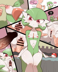 Rule 34 | 1boy, 1girl, ?, after vaginal, aftersex, anus, arms between legs, bar censor, breasts, censored, commentary request, creatures (company), cum, cum in pussy, english text, flying sweatdrops, game freak, gardevoir, gen 3 pokemon, georugu13, heart, heart censor, highres, interspecies, multiple views, navel, nintendo, nipple stimulation, nipple tweak, nipples, panels, penis, poke ball, poke ball (basic), pokemon, pokemon (creature), pout, puffy nipples, pussy, red eyes, sex, short hair, sitting, small breasts, solo focus, speech bubble, spoken question mark, spread legs, spread pussy, thighs, vaginal, veins, veiny penis