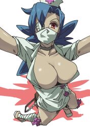 Rule 34 | 1girl, belt pouch, blue hair, bonesaw, breasts, choker, cleavage, collarbone, downblouse, eyepatch, hair over one eye, hat, highres, large breasts, leg wrap, looking at viewer, mask, mouth mask, nurse cap, otu 025, outstretched arms, pouch, red eyes, saw, skullgirls, solo, surgical mask, valentine (skullgirls)
