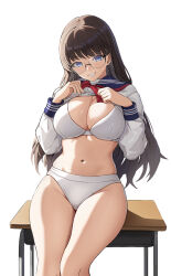 Rule 34 | 1girl, against table, black-framed eyewear, black hair, blue eyes, blush, bra, breasts, cleavage, clothes lift, commentary request, cowboy shot, desk, grin, highres, large breasts, lifted by self, long hair, navel, neckerchief, original, panties, red neckerchief, revision, sailor collar, school desk, semi-rimless eyewear, shirt, shirt lift, simple background, smile, solo, underwear, vococo, white background, white bra, white panties, white shirt