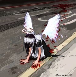 Rule 34 | 1girl, all fours, angel, angel wings, black dress, black hair, blood, blood on hands, blood splatter, commentary, dress, english commentary, feathered wings, feathers, full body, halo, highres, long hair, maid, maid headdress, mushymoss, on ground, original, road, solo, spread wings, skid mark, twitter username, white wings, wings