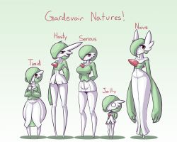 Rule 34 | 5girls, airalin (mark folks), bare shoulders, blush, breasts, character name, choker, cleavage, collarbone, creatures (company), curvy, english text, female focus, flat chest, full body, game freak, gardevoir, gen 3 pokemon, green background, green hair, hair over one eye, half-closed eyes, hands together, hands up, height difference, highres, large breasts, legs apart, limebreaker, long arms, looking at viewer, looking to the side, looking up, miniskirt, multiple girls, multiple persona, nintendo, personification, pokemon, pokemon (creature), pokemon rse, red eyes, short hair, simple background, skirt, smile, standing, text focus