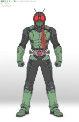 Rule 34 | 1boy, antennae, armor, armored boots, black bodysuit, bodysuit, boots, breastplate, chinese commentary, clenched hands, commentary request, driver (kamen rider), full body, gauntlets, glowing, glowing eyes, green armor, grey footwear, highres, kamen rider, kamen rider (1st series), kamen rider 1, male focus, red eyes, red scarf, scarf, simple background, solo, standing, typhoon (kamen rider), v-fin, white background, xiangzi box