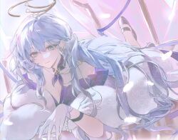 Rule 34 | 1girl, aqua eyes, asymmetrical gloves, bracelet, closed mouth, detached sleeves, dress, earrings, falling feathers, feathers, gloves, hair between eyes, halo, high heels, highres, honkai: star rail, honkai (series), jewelry, long hair, looking at viewer, lying, mors gn, on stomach, robin (honkai: star rail), short sleeves, single earring, smile, uneven gloves, white feathers, white gloves