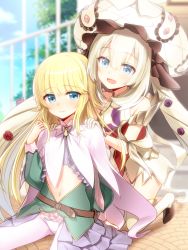 Rule 34 | 1girl, androgynous, bare shoulders, belt, blonde hair, blue eyes, blush, chevalier d&#039;eon (fate), fate/grand order, fate (series), flower, hair between eyes, hair flower, hair ornament, hat, large hat, long hair, long sleeves, looking at another, marie antoinette (fate), marie antoinette (third ascension) (fate), midriff, navel, nyakelap, open mouth, rose, short sleeves, silver hair, smile, thighhighs, white hat