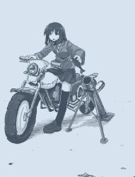 Rule 34 | 1girl, ammunition, black eyes, black hair, black thighhighs, blue theme, collared shirt, crew-served weapon, expressionless, full body, hamsterfragment, holding, holding shell, long sleeves, medium hair, monochrome, mortar (weapon), motor vehicle, motorcycle, no nose, original, outdoors, parted lips, shell, shell (projectile), shirt, shoes, simple background, sitting, skirt, solo, suicide, thighhighs, wheel