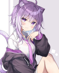 Rule 34 | 1girl, ahoge, animal ear fluff, animal ears, black jacket, blush, breasts, cat ears, cat girl, cat tail, closed mouth, collared shirt, commentary request, hair between eyes, hand up, highres, hololive, hood, hood down, hooded jacket, jacket, long hair, long sleeves, looking at viewer, medium breasts, myuton, necktie, nekomata okayu, off shoulder, open clothes, open jacket, puffy long sleeves, puffy sleeves, purple eyes, purple hair, purple necktie, shirt, smile, solo, tail, virtual youtuber, white shirt