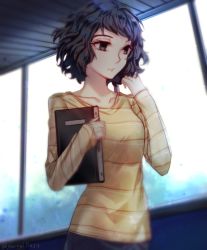Rule 34 | 1girl, black eyes, black hair, collarbone, hand in own hair, holding, indoors, kawakami sadayo, long sleeves, persona, persona 5, shirt, short hair, solo, standing, striped clothes, striped shirt, twitter username, upper body, yaoto, yellow shirt