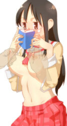 Rule 34 | 1boy, 1girl, ac120, black hair, book, breasts, covering own mouth, disembodied hands, glasses, holding, holding book, jitome, large breasts, long hair, minakami mai, navel, nichijou, nipple stimulation, nipple tweak, nipples, open clothes, open shirt, pink hair, pleated skirt, school uniform, semi-rimless eyewear, sidelocks, simple background, skirt, upper body, white background