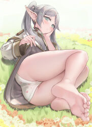 Rule 34 | 1girl, absurdres, ass, barefoot, blush, clothes lift, feet, female focus, frieren, full body, green eyes, grey hair, highres, huge filesize, long hair, looking at viewer, lying, on side, panties, pointy ears, skirt, skirt lift, soles, sousou no frieren, toes, twintails, underwear, yuye