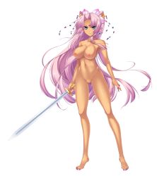 Rule 34 | 1girl, absurdres, barefoot, blue eyes, blush, breasts, completely nude, facial mark, forehead mark, full body, game cg, hair ornament, hair over shoulder, highres, hikage eiji, koihime musou, large breasts, long hair, nail polish, navel, nipples, no pussy, nude, official art, pink hair, shin koihime musou, smile, solo, sonsaku, sword, transparent background, warrior, weapon