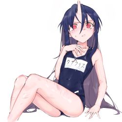Rule 34 | blue one-piece swimsuit, blush, fang, highres, horns, long hair, musical note necklace, name tag, old school swimsuit, one-piece swimsuit, original, purple hair, red eyes, scar, school swimsuit, single horn, skin-covered horns, skinny, swimsuit, third kureko