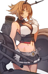 Rule 34 | 1girl, bare arms, breasts, brown hair, cleavage, closed mouth, collar, finger to mouth, flipped hair, gloves, headgear, kantai collection, large breasts, looking at viewer, metal collar, mutsu (kancolle), navel, one eye closed, pleated skirt, rigging, short hair, simple background, skirt, smile, smokestack, solo, striped clothes, striped skirt, suzuka (suzuka9111), turret, white background, white gloves, yellow eyes